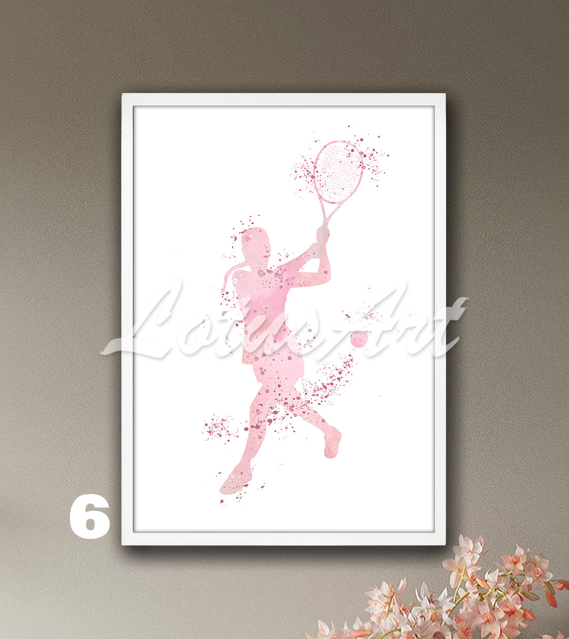 Sports art print depicting a girl tennis player – watercolor painting in light pink colors.