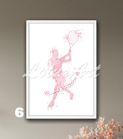 Sports art print depicting a girl tennis player – watercolor painting in light pink colors.