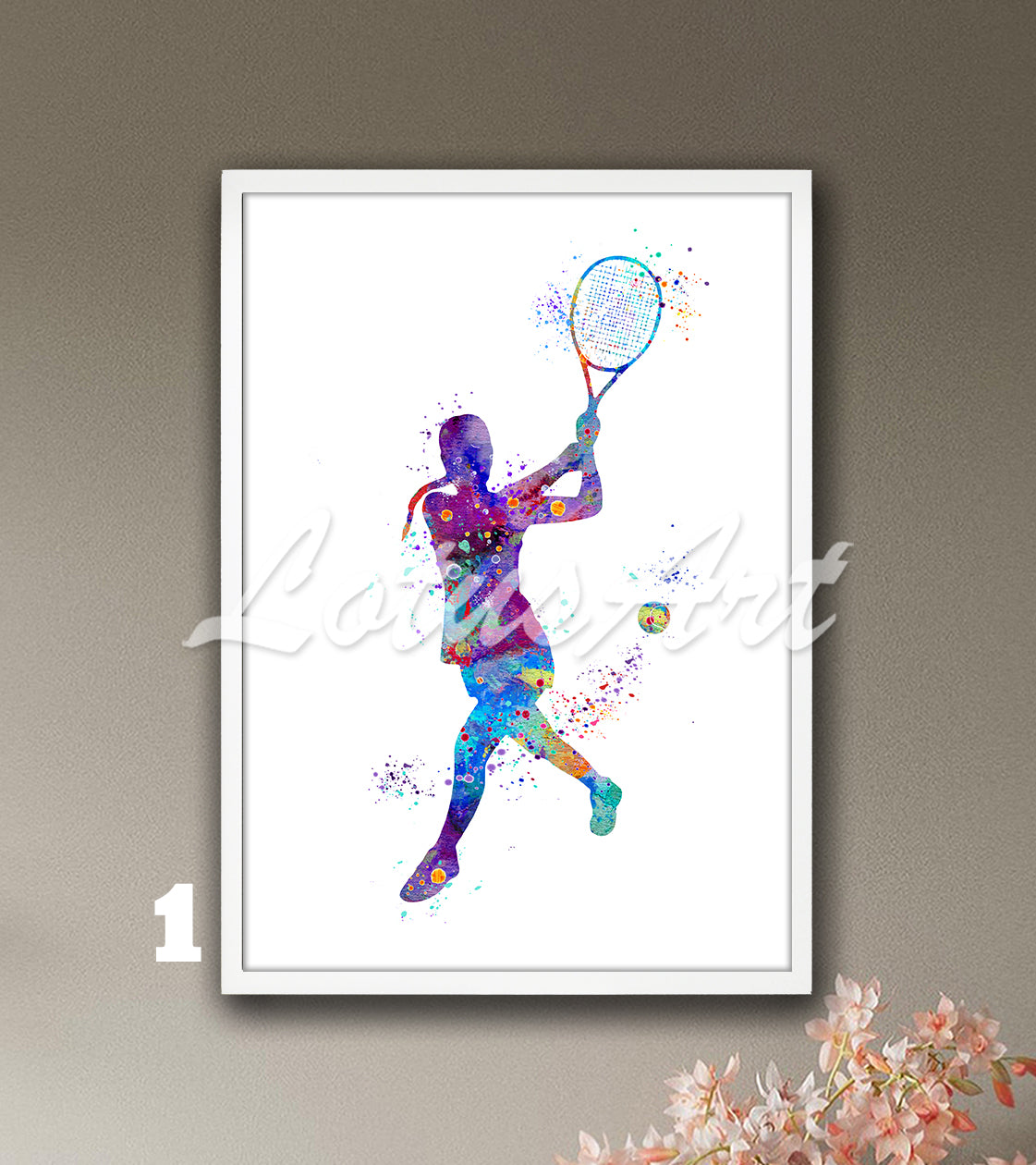 Sports art print depicting a girl tennis player – watercolor painting in blue-purple and multicolor.