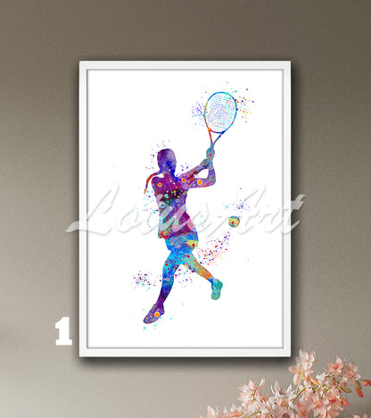 Sports art print depicting a girl tennis player – watercolor painting in blue-purple and multicolor.