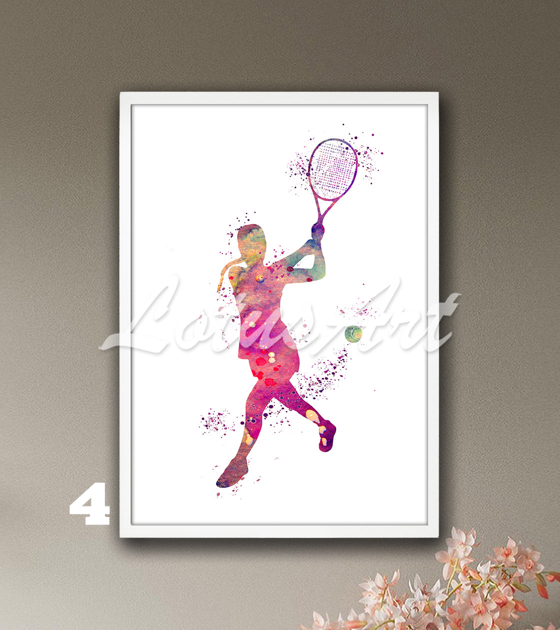 Sports art print depicting a girl tennis player – colorful watercolor painting.