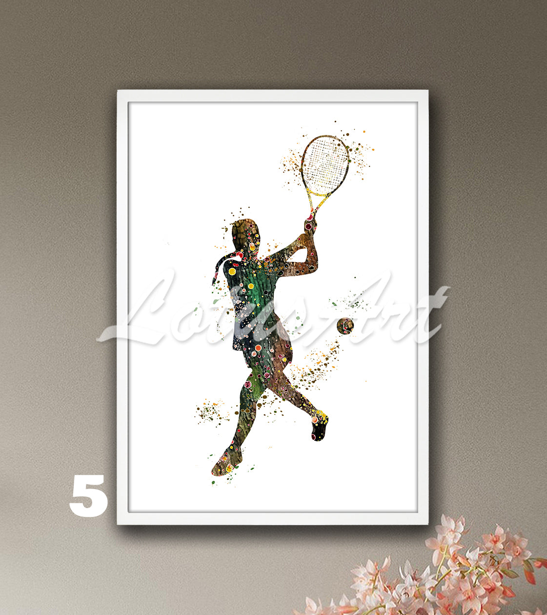 Sports art print depicting a girl tennis player – watercolor painting with brown pastel colors.