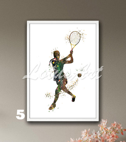 Sports art print depicting a girl tennis player – watercolor painting with brown pastel colors.