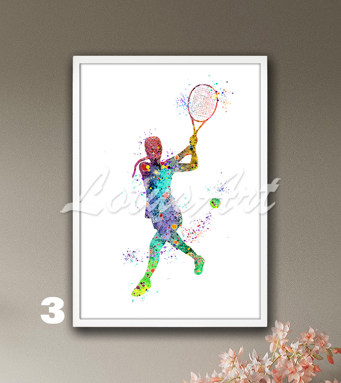 Sports art print depicting a girl tennis player – watercolor painting in rainbow colors.