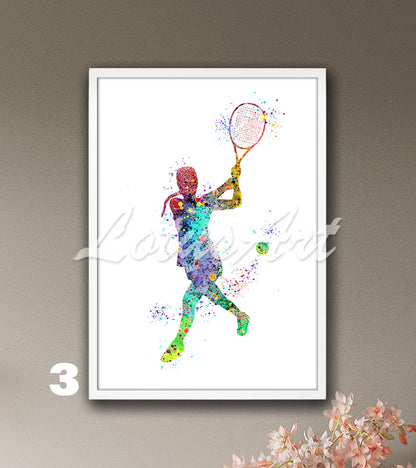 Sports art print depicting a girl tennis player – watercolor painting in rainbow colors.