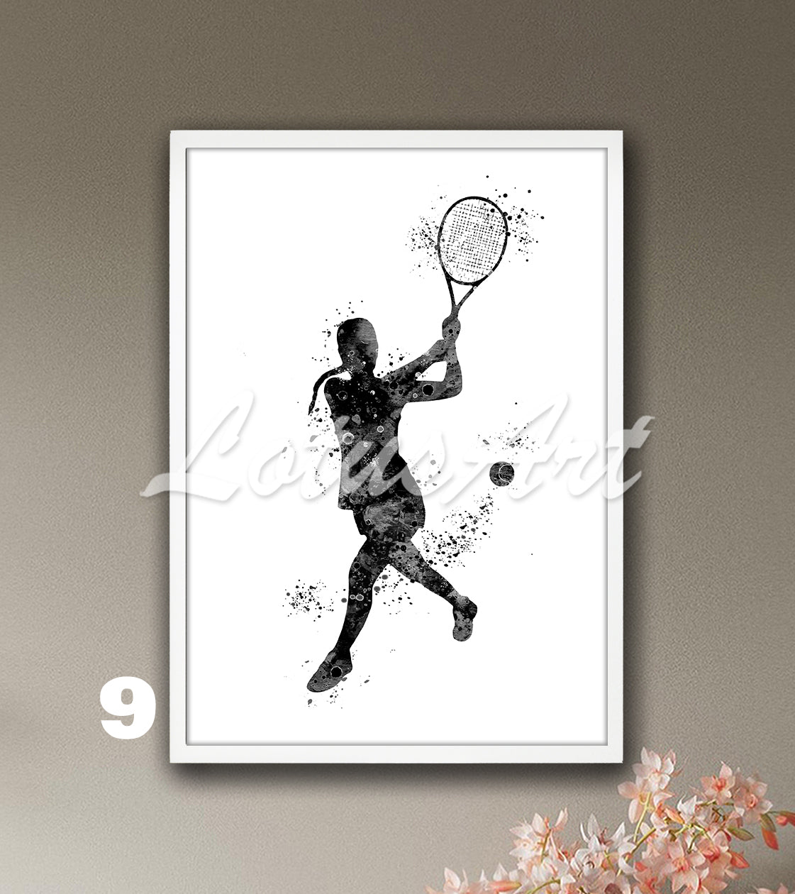 Sports art print depicting a girl tennis player – watercolor painting in black-white colors.