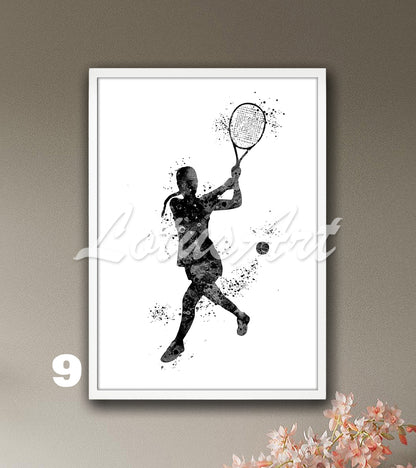 Sports art print depicting a girl tennis player – watercolor painting in black-white colors.