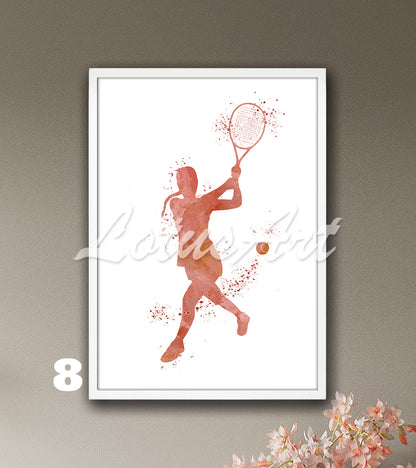 Sports art print depicting a girl tennis player – watercolor painting in rose-gold.