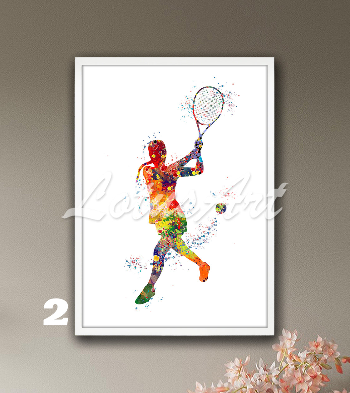 Sports art print depicting a girl tennis player – watercolor painting in multi-color.