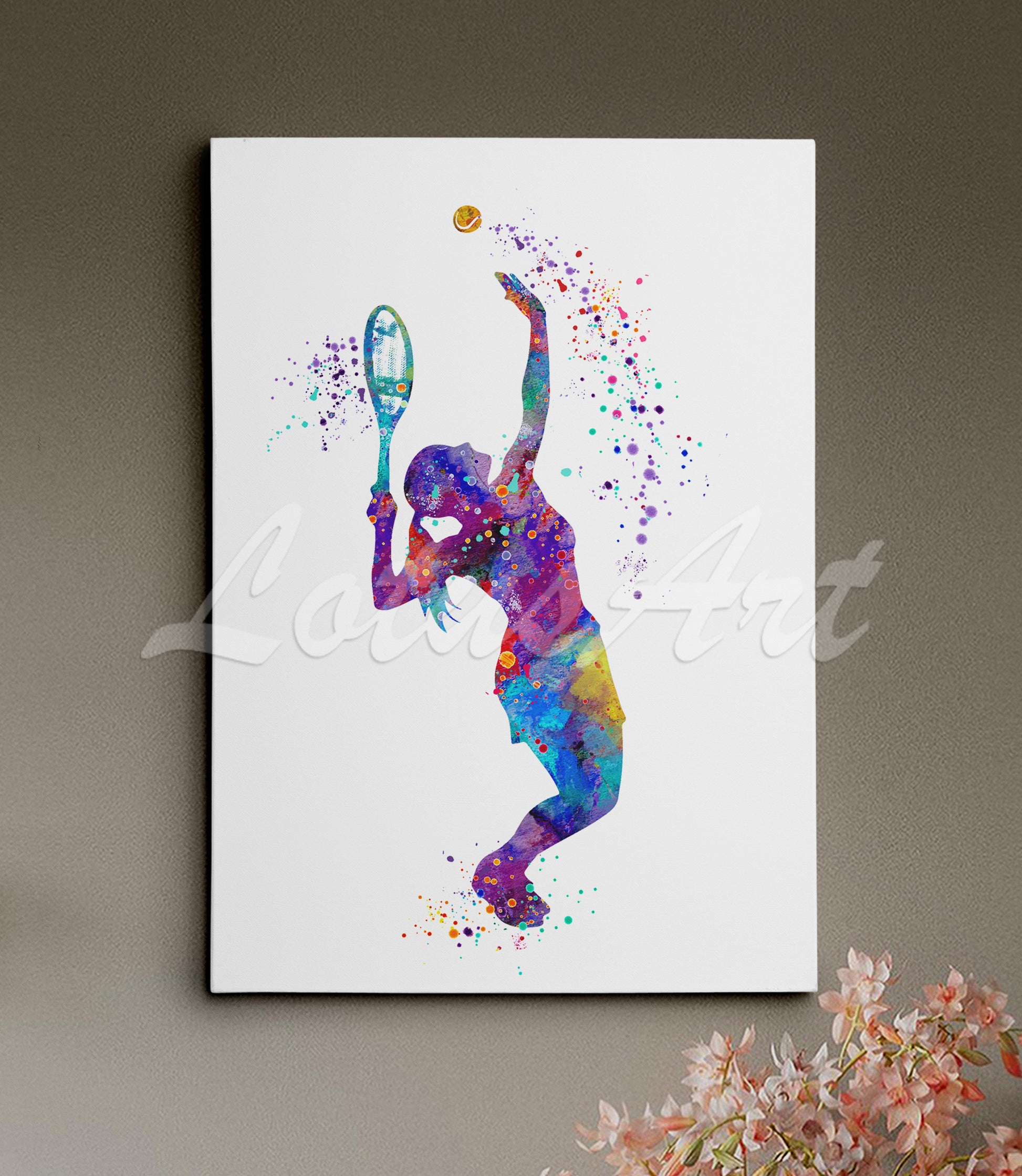 Tennis girl watercolor affordable stretched canvas print - multicolor sports decor close-up on dark background