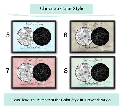 Color options for custom The Night We Met star map: light blue, warm grey, pink and pale green sky, celestial gift for couple