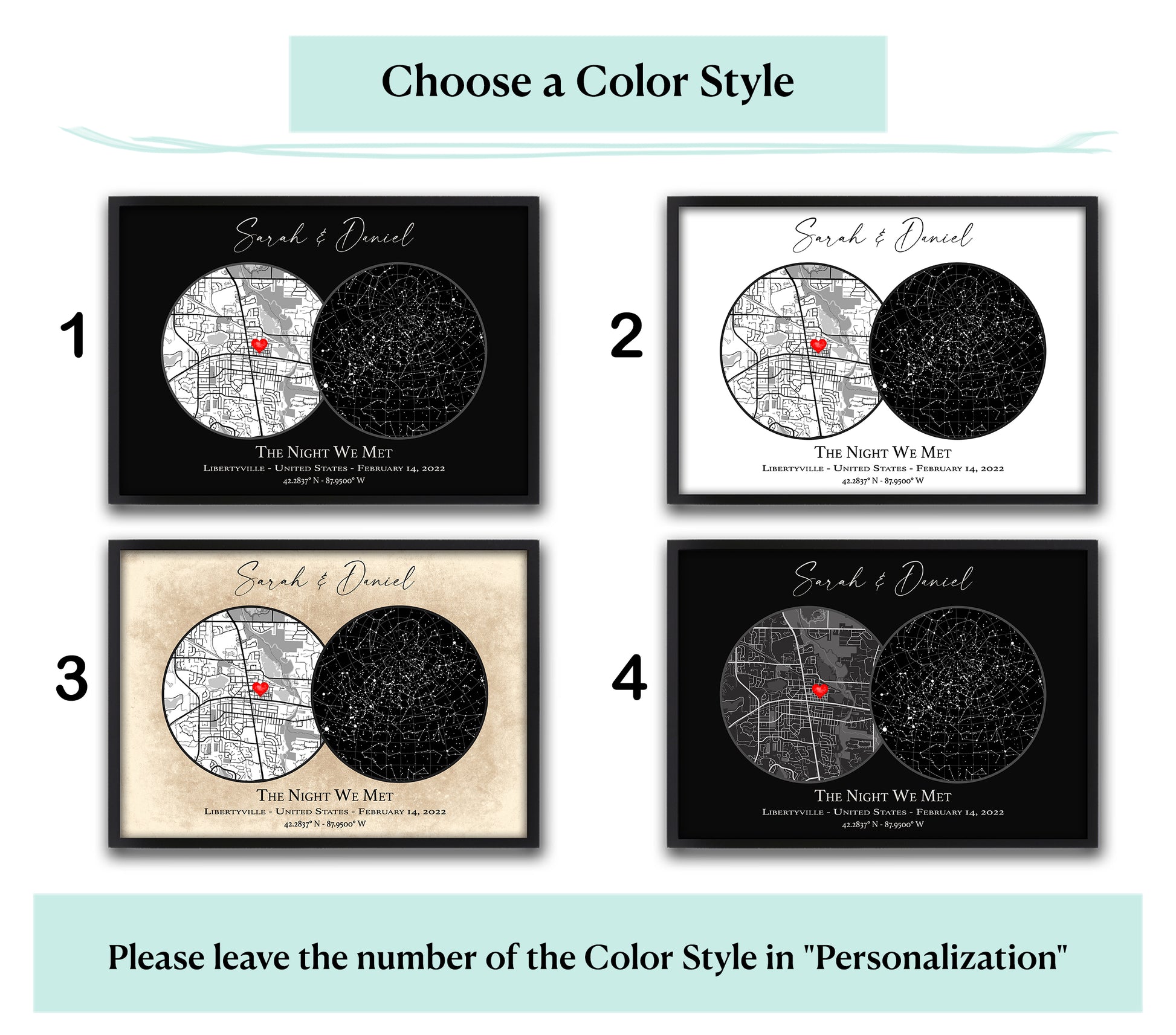 Color options 1-4 for custom The Night We Met star map: black, white, beige and dark grey sky, best celestial gift for couple