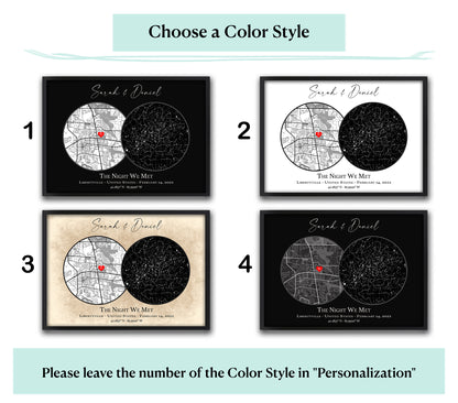 Color options 1-4 for custom The Night We Met star map: black, white, beige and dark grey sky, best celestial gift for couple