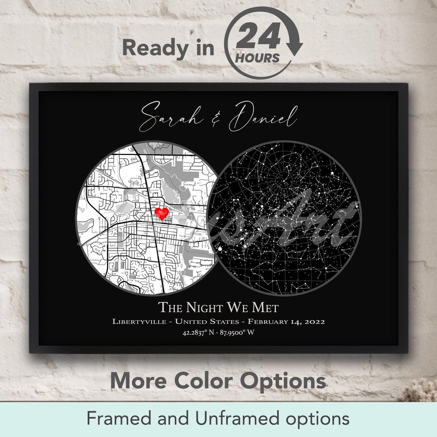 The Night We Met personalized star map with location in black, celestial constellation print and romantic love couple gift