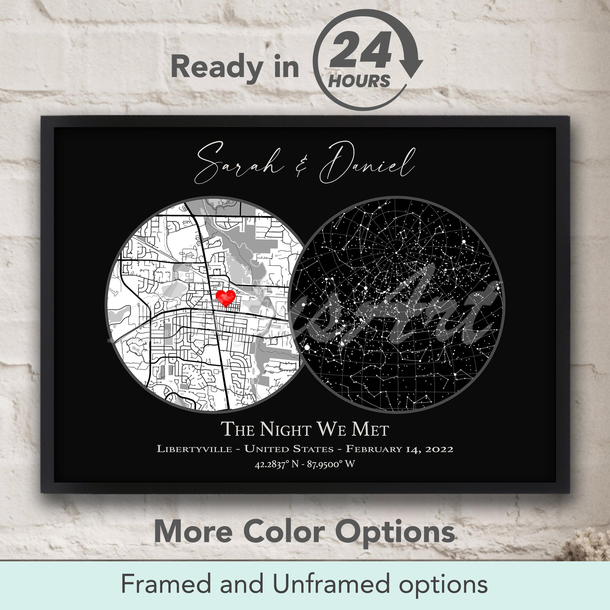 The Night We Met personalized star map with location in black, celestial constellation print and romantic love couple gift