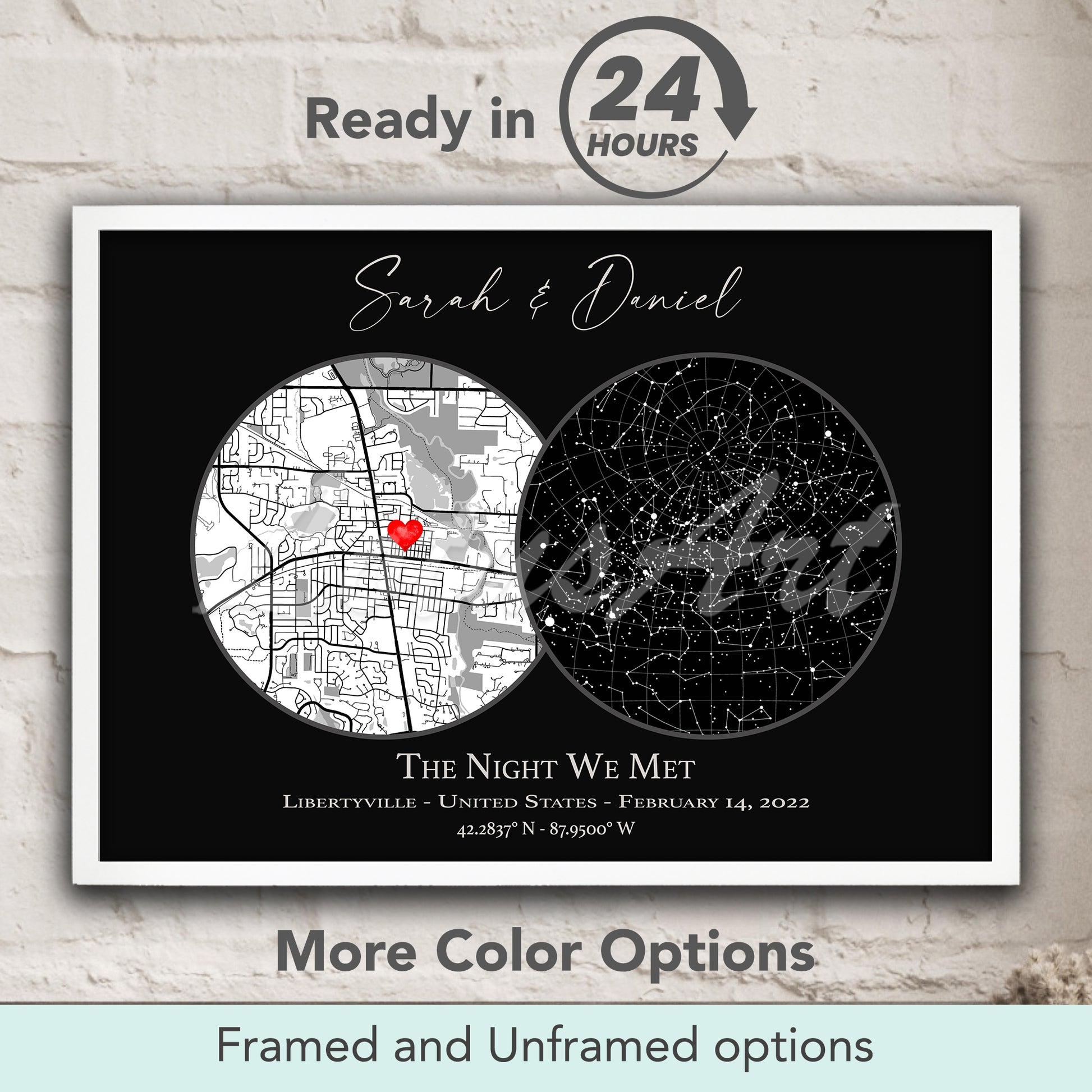 The Night We Met personalized star map with location in black sky, custom celestial constellation print, romantic couple gift