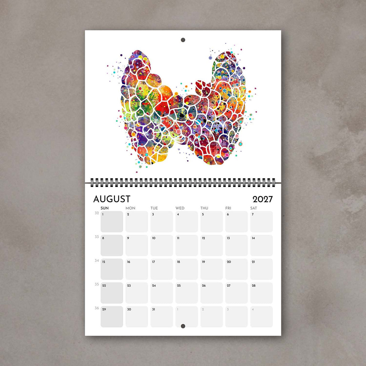 2027 anatomy wall calendar display thyroid gland watercolor art, endocrinologist gift