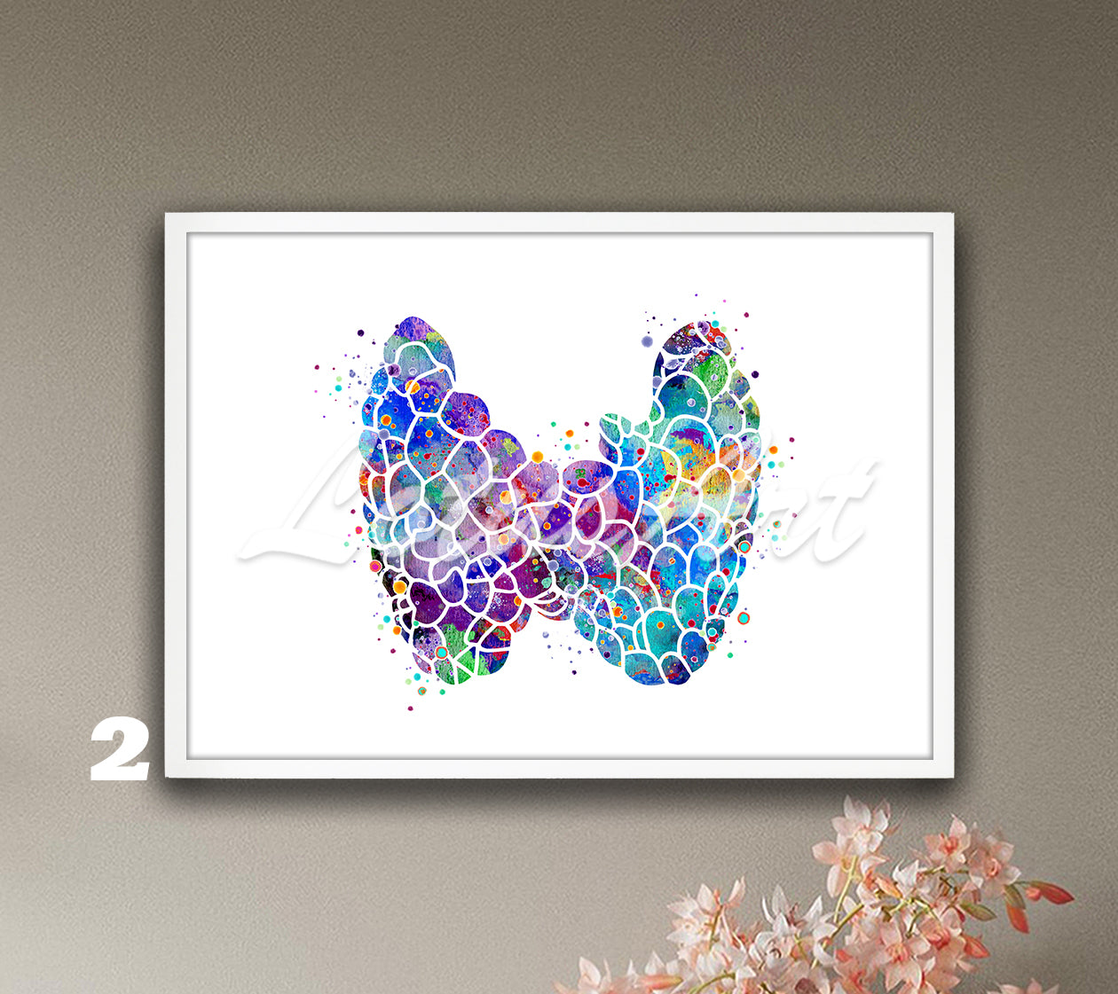 Thyroid gland anatomy watercolor painting in purple-blue tones, endocrinology medical wall decor & anatomy gift