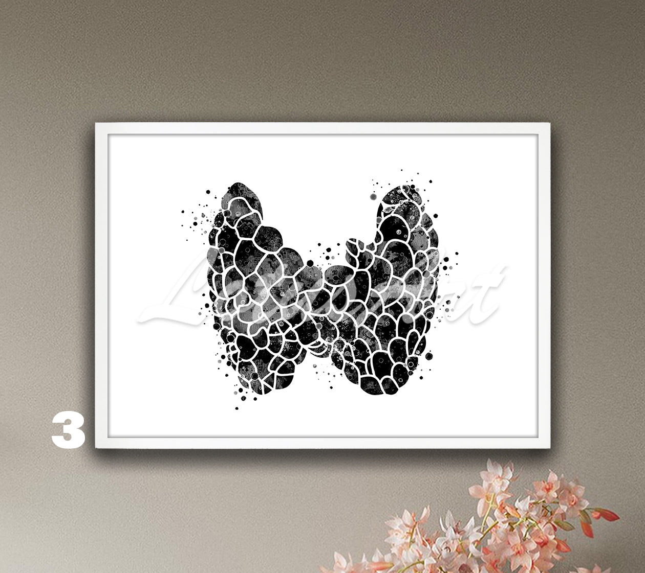Thyroid gland anatomy watercolor medical poster in black and white, endocrinology medical wall decor & anatomy gift