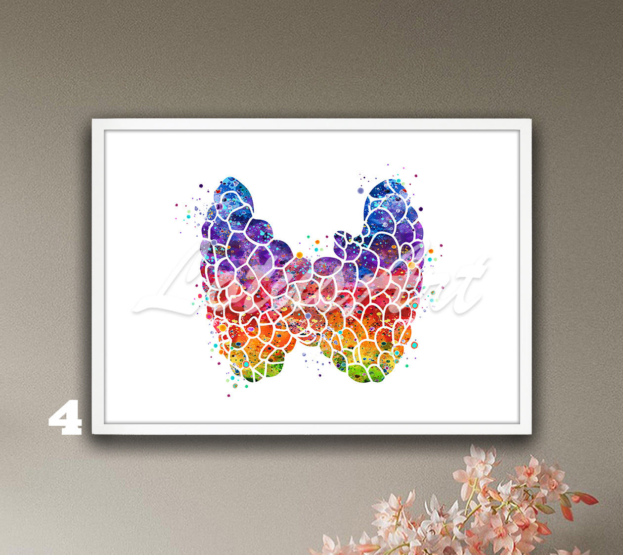 Thyroid gland anatomy watercolor art decor in rainbow colors, endocrinology medical wall decor & anatomy gift