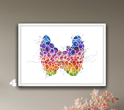 Thyroid gland anatomy watercolor art decor in rainbow colors, endocrinology medical wall decor & anatomy gift