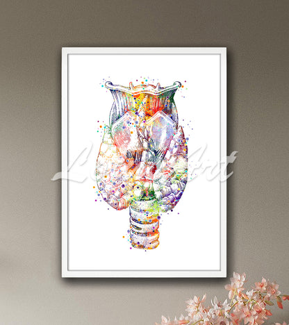Thyroid gland with trachea and larynx anatomy in colorful watercolor art - clinic office painting