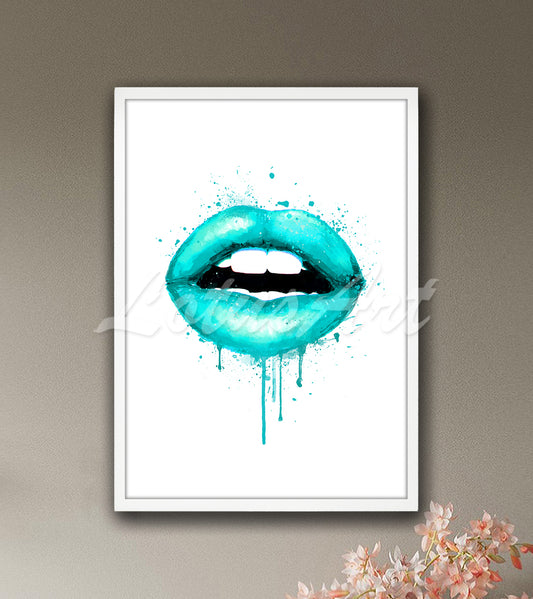Turquoise Lips Watercolor Art Print – Chic Modern Fashion Wall Decor, Chic Gift Ideas for Girls