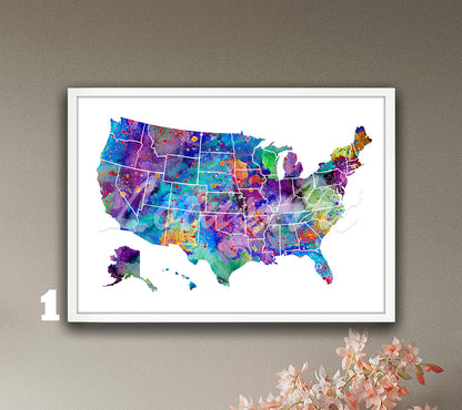 USA Map Watercolor Art Print, United States Wall Decor, Travel Poster