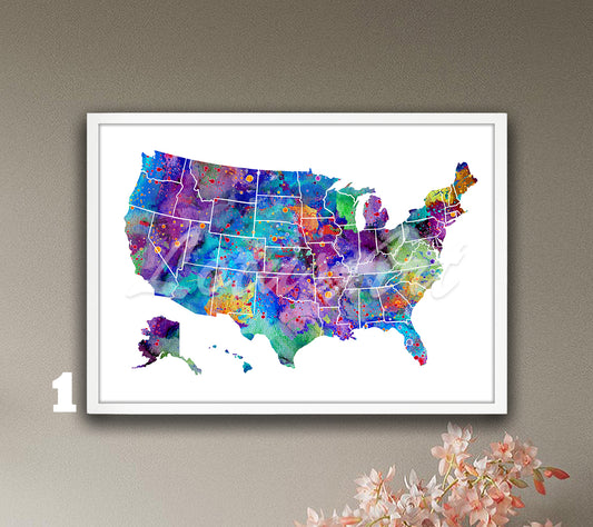 USA Map Watercolor Art Print, United States Wall Decor, Travel Poster