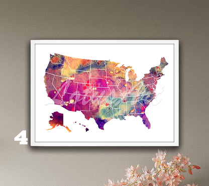 USA Map Watercolor Art Print, United States Wall Decor, Travel Poster
