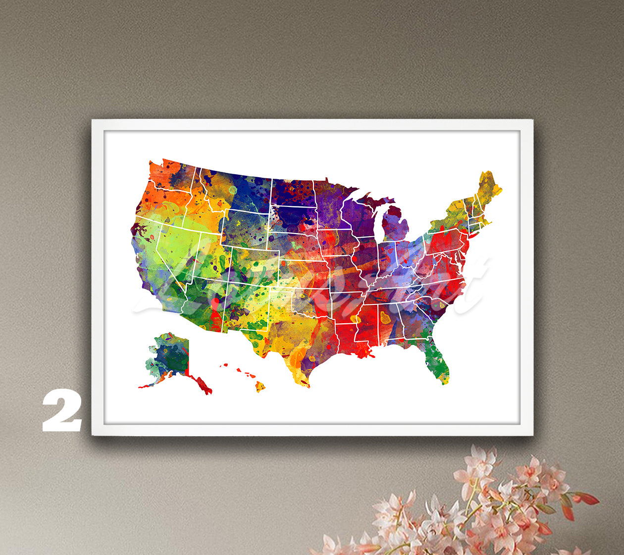 USA Map Watercolor Art Print, United States Wall Decor, Travel Poster