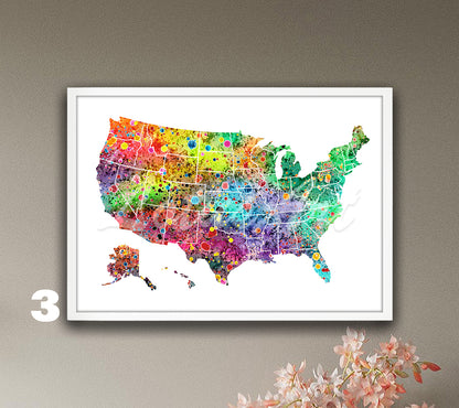 USA Map Watercolor Art Print, United States Wall Decor, Travel Poster