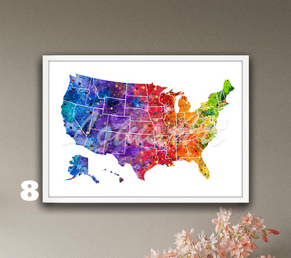 USA Map Watercolor Art Print, United States Wall Decor, Travel Poster