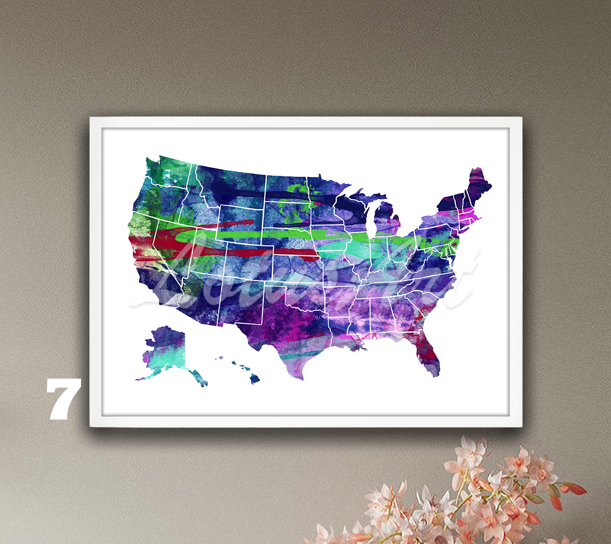 USA Map Watercolor Art Print, United States Wall Decor, Travel Poster