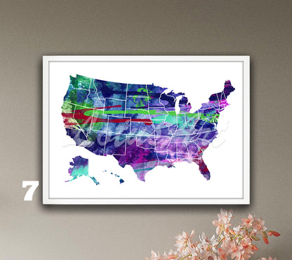 USA Map Watercolor Art Print, United States Wall Decor, Travel Poster