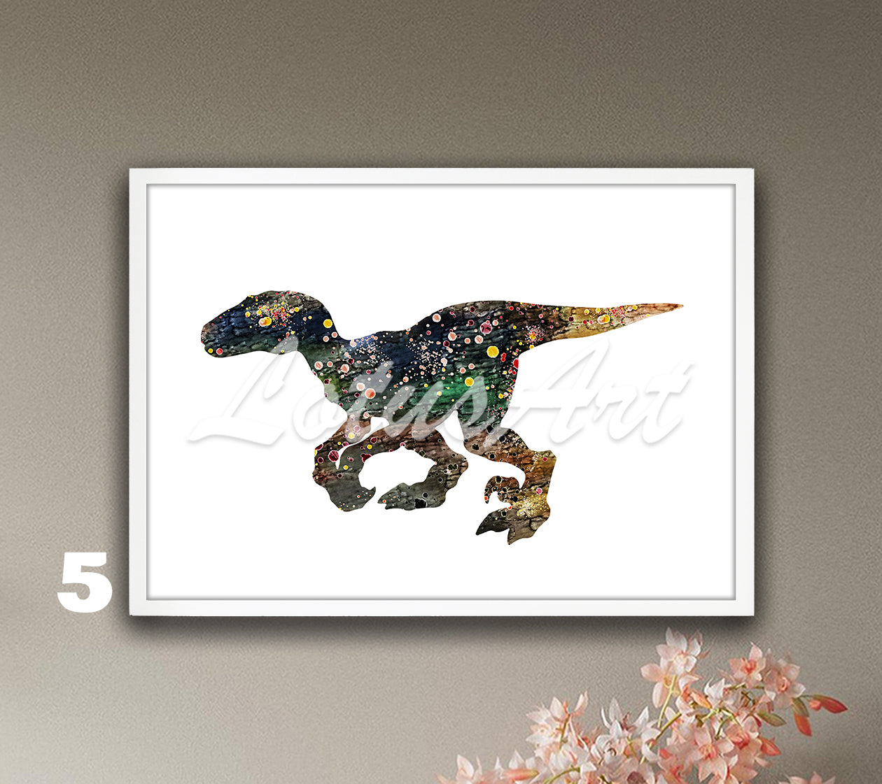 Dinosaur Velociraptor Art Print, Watercolor Kids Wall Decor & Nursery Gift