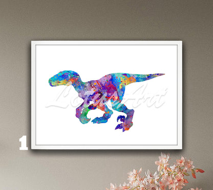 Dinosaur Velociraptor Art Print, Watercolor Kids Wall Decor & Nursery Gift