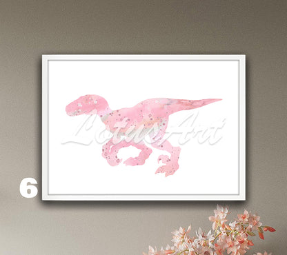 Dinosaur Velociraptor Art Print, Watercolor Kids Wall Decor & Nursery Gift