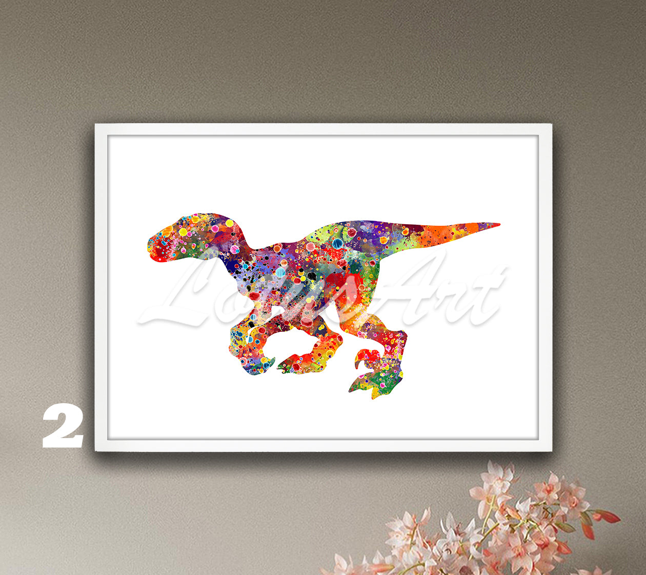 Dinosaur Velociraptor Art Print, Watercolor Kids Wall Decor & Nursery Gift