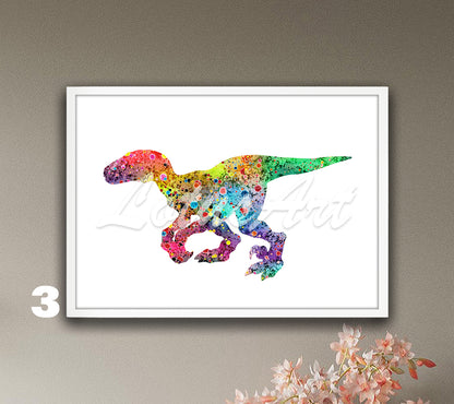 Dinosaur Velociraptor Art Print, Watercolor Kids Wall Decor & Nursery Gift