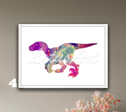 Dinosaur Velociraptor Art Print, Watercolor Kids Wall Decor & Nursery Gift