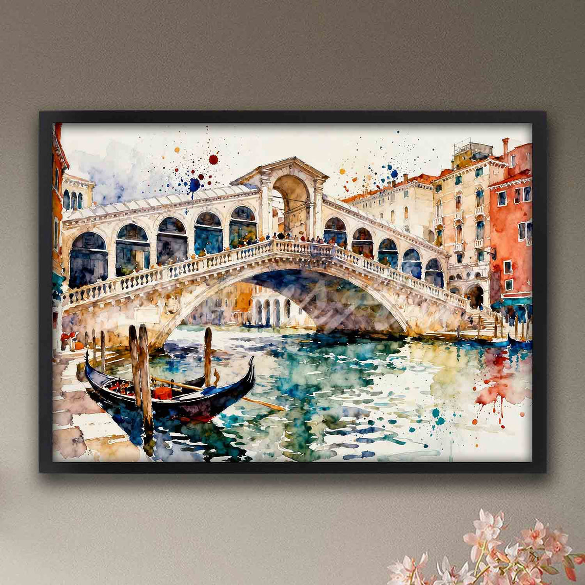 Venice Grand Canal watercolor wall poster in black wooden frame, Rialto Bridge Italy art print & romantic travel gift