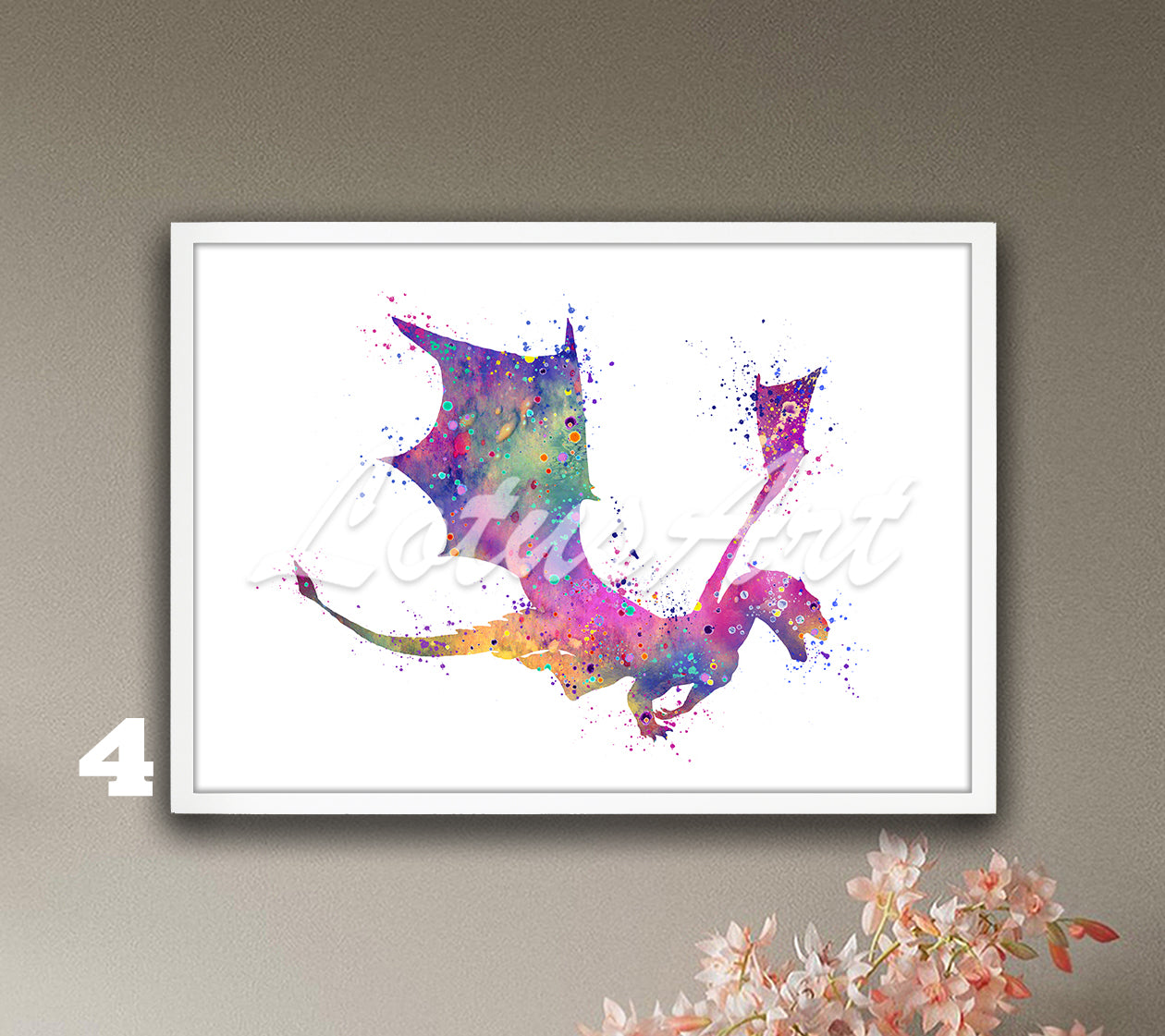 Flying dragon watercolor wall art poster for fantasy animals decor in purple tones, mythical dragon gift