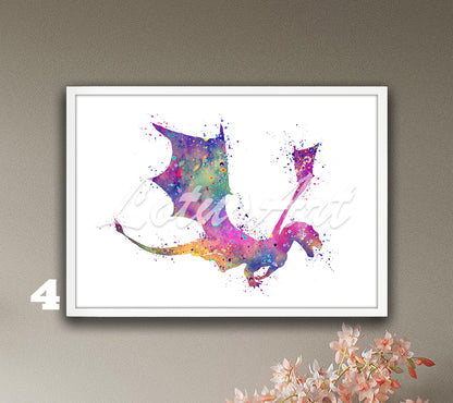 Flying dragon watercolor wall art poster for fantasy animals decor in purple tones, mythical dragon gift