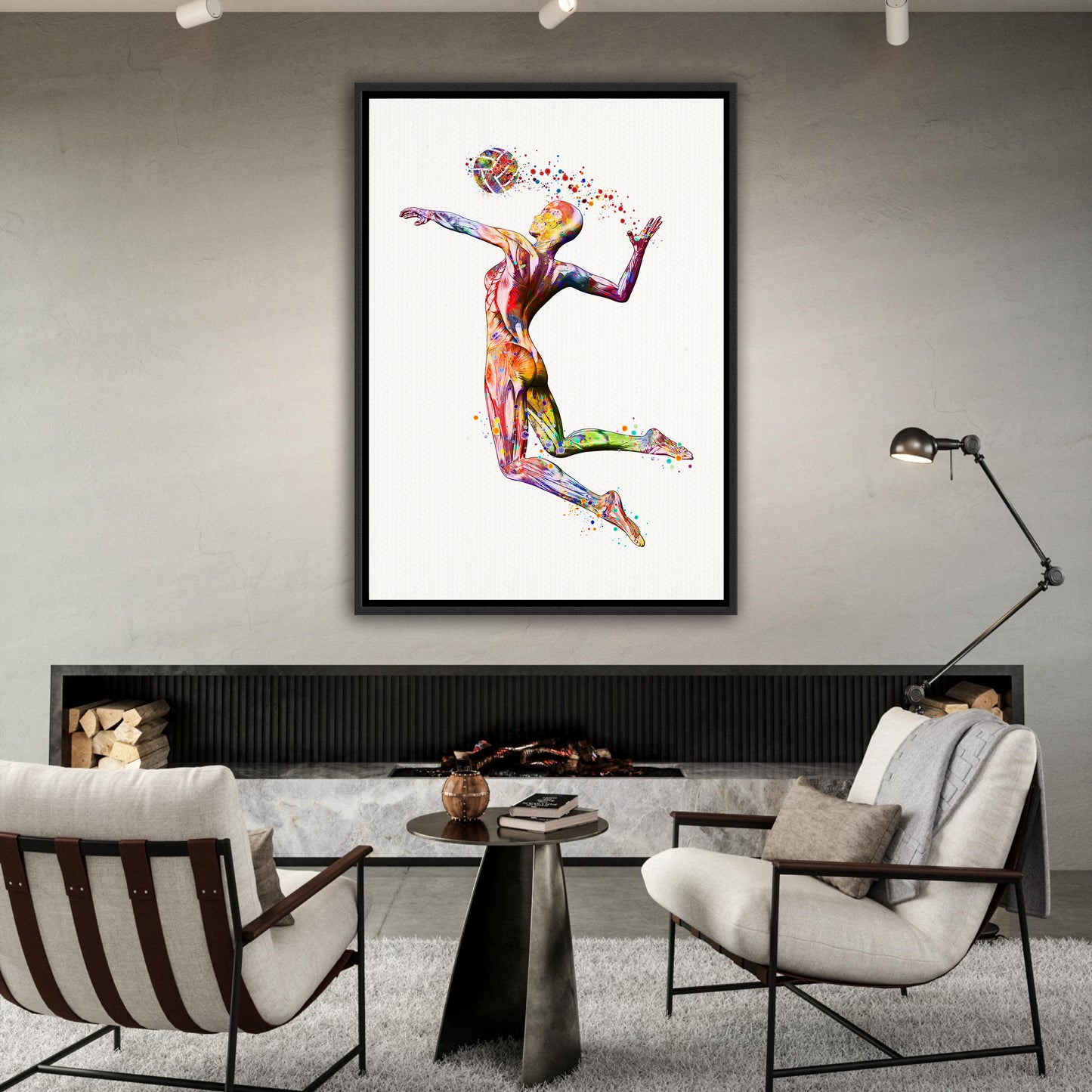 Volleyball player anatomy canvas art in modern living room - multicolor watercolor sports decor