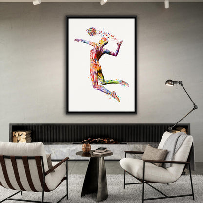 Volleyball player anatomy canvas art in modern living room - multicolor watercolor sports decor