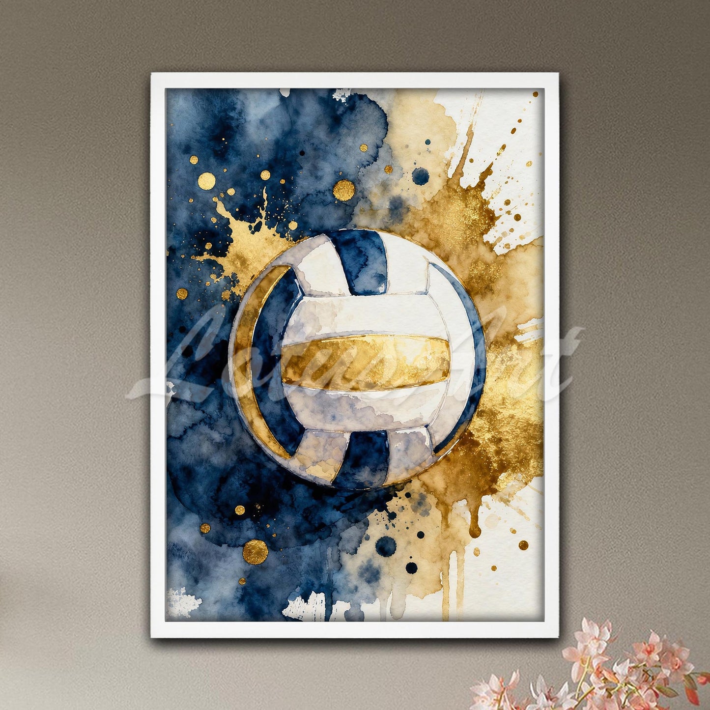 Volleyball ball close-up white navy blue white golden yellow watercolor print - budget-friendly sports artwork