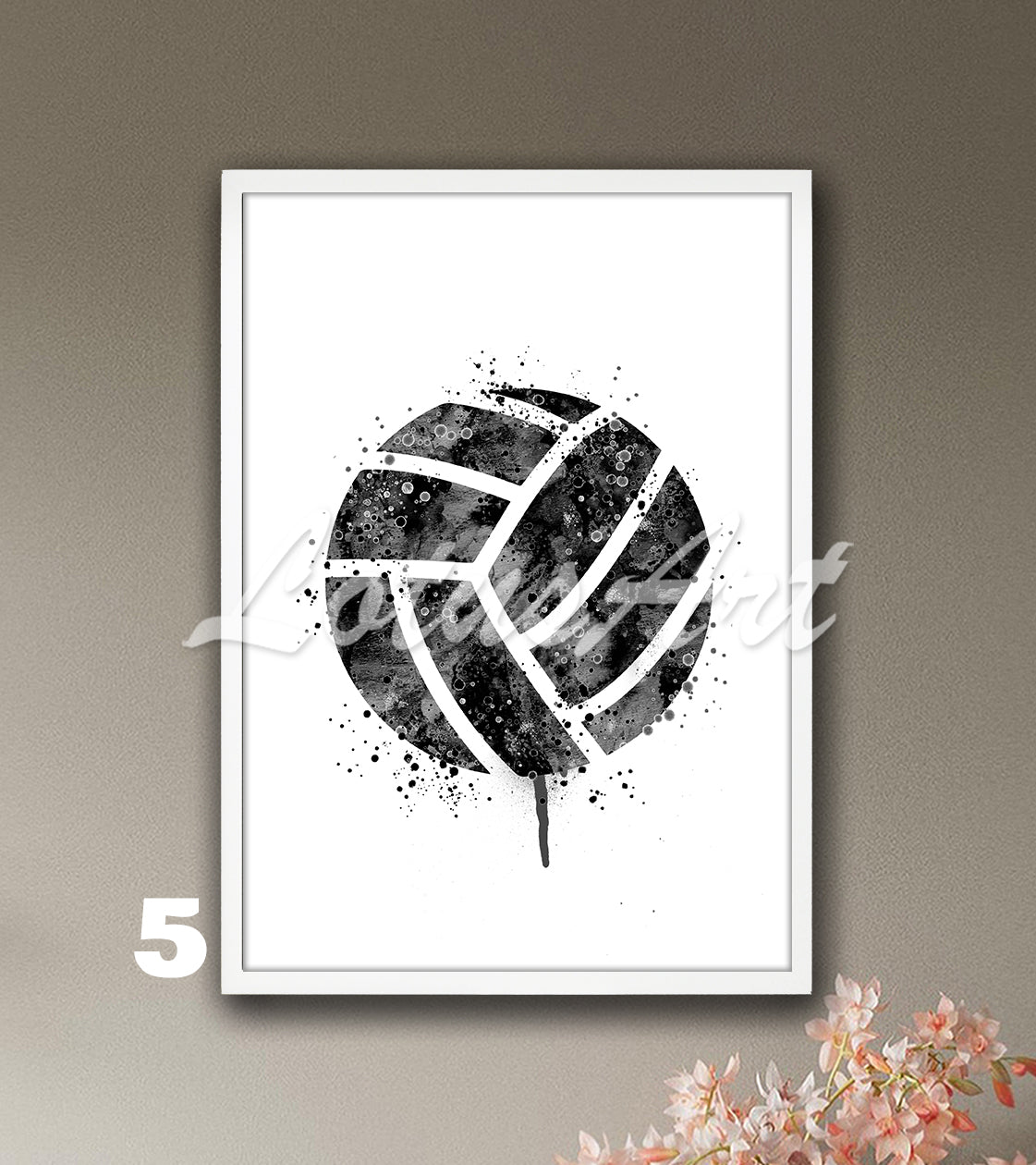 Volleyball watercolor sports wall art in black-white tones - minimalist kids room decor