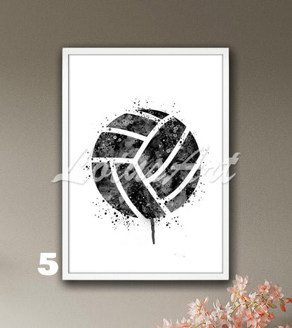 Volleyball watercolor sports wall art in black-white tones - minimalist kids room decor