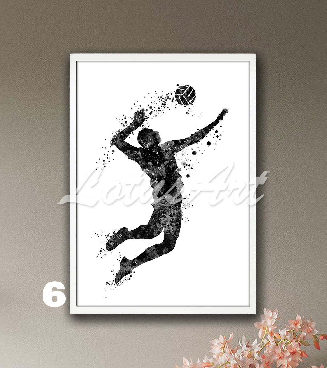 Volleyball boy player watercolor sports art in black-white - minimalist kids room decor